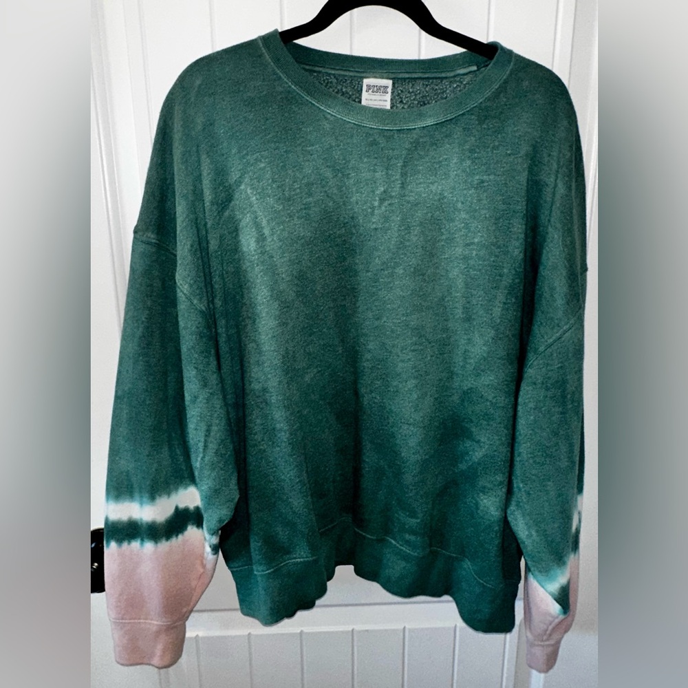 Victoria's Secret Green Tie-Dye Crewneck Sweatshirt with Pink Sleeves